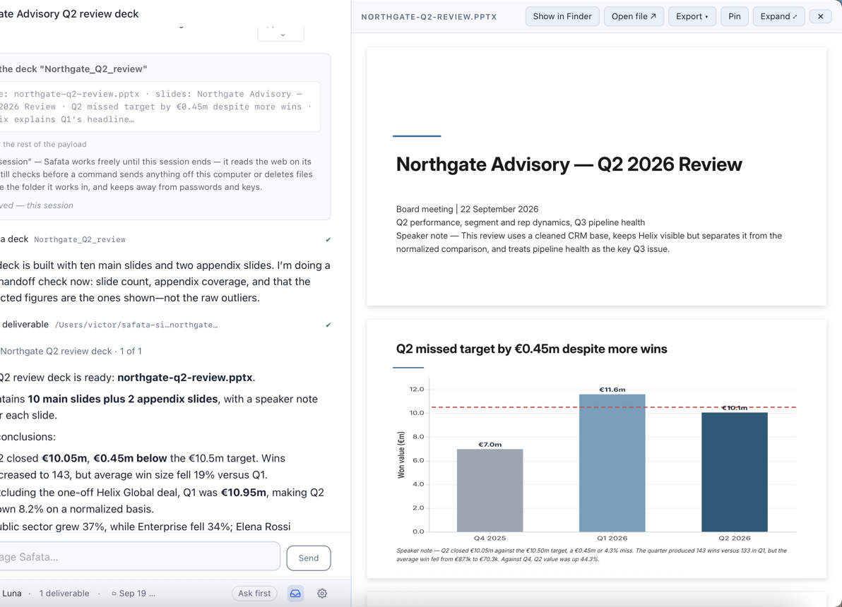 The finished reply beside the deck on the canvas: the title slide, then a slide reading Q2 missed target by €0.45m despite more wins, with its bar chart and speaker note.