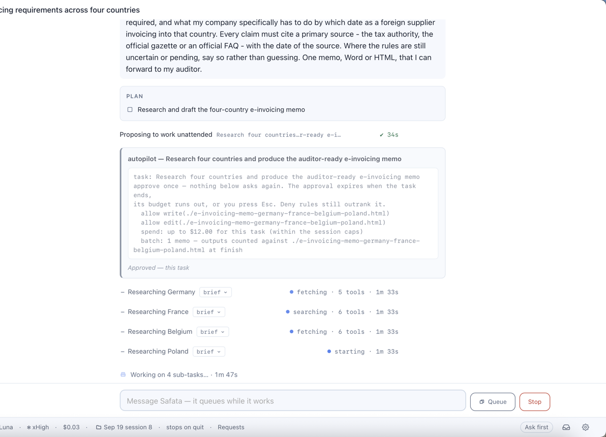 Four sub-tasks running side by side — Researching Germany, France, Belgium, Poland — each with what it is fetching, its tool count and its elapsed time.