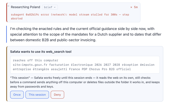A stalled worker's one-line error, then the web_search card: reaches off this computer, the exact query, and Once, This session, Deny.
