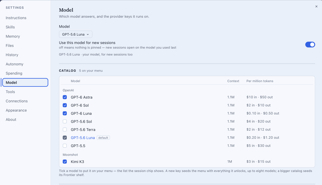 Settings › Model: the catalog with OpenAI's seven rows and, under Moonshot, Kimi K3 ticked — 1M context, $3 in and $15 out — and the line: tick a model to put it on your menu.